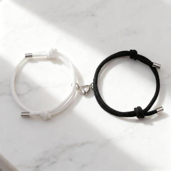 2Pcs/Set Matching Heart Pendant Bracelet Couple Magnetic Alloy Love Charm Bracelet Adjustable String Bracelet Jewelry Gift for Valentine's Day