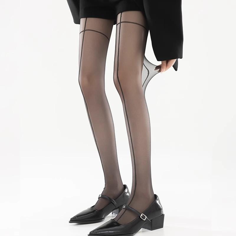 Sexy long-leg vertical stripe pantyhose for women, summer thin anti-snag black stockings with cross pattern