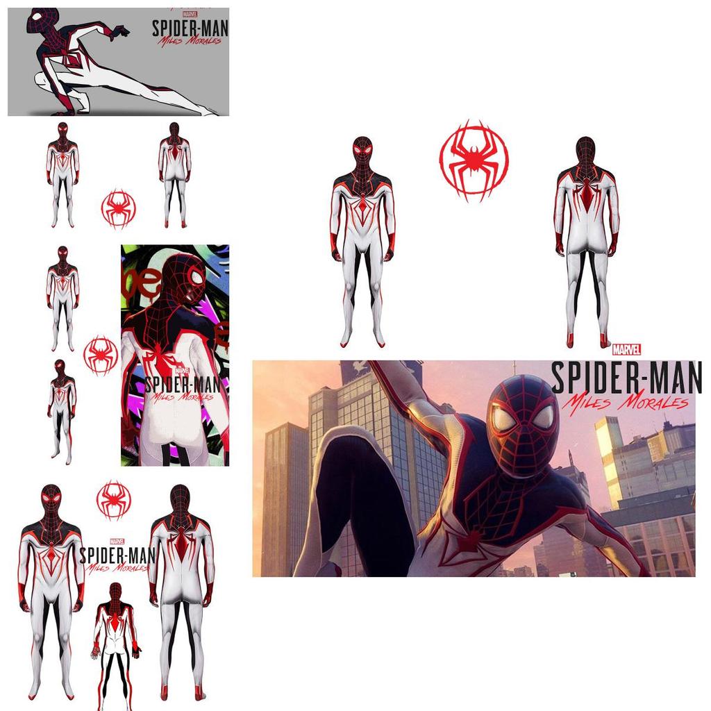 Costume Cosplay di Marvel's Spider-man Miles Morales Tuta Bianca a Corpo Intero