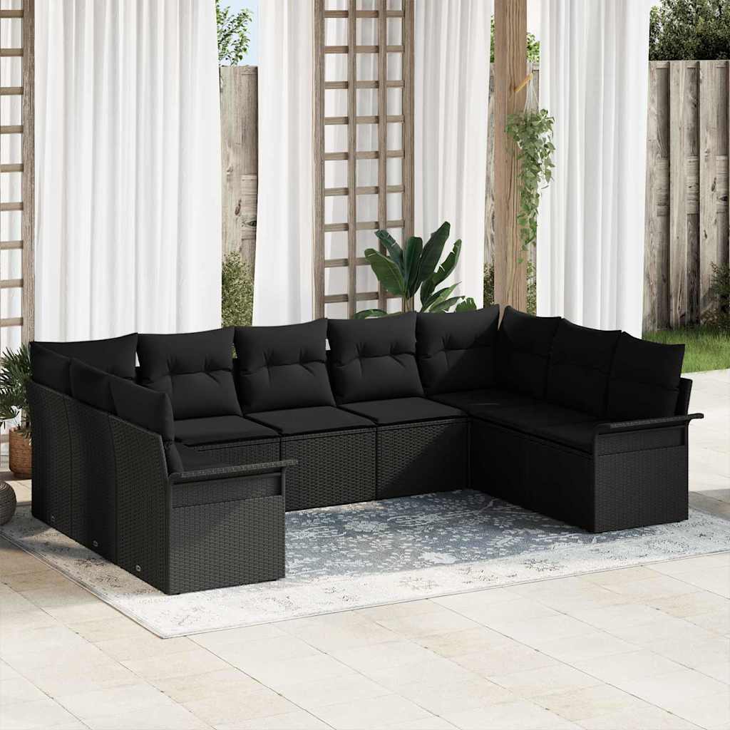 Garden Sofa Set with Cushions Black Poly Rattan