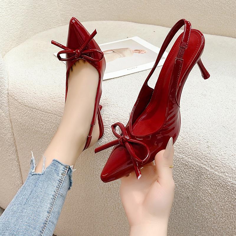 French Bow Back Strap Pointed Back Empty High Heels Stiletto 2025 Spring New Versatile Bag Head Sandals Women
