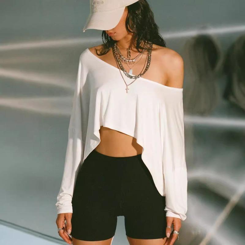 

Street Lazy Style Casual Solid Color Short T-shirt Slanted Shoulder Sexy Loose Shoulder Long Sleeved Shirt S