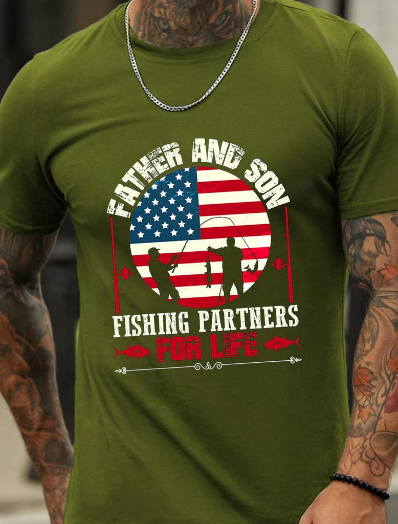 American Flag 3D Printed Tee Tops Father Son Fishing Pattern Round Neck Short Sleeve Loose Enlarged T Shirt