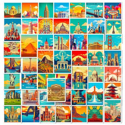 50 World Landmark Oil Painting Style World Famous Architectural Logo Stickers Travel City Stickers