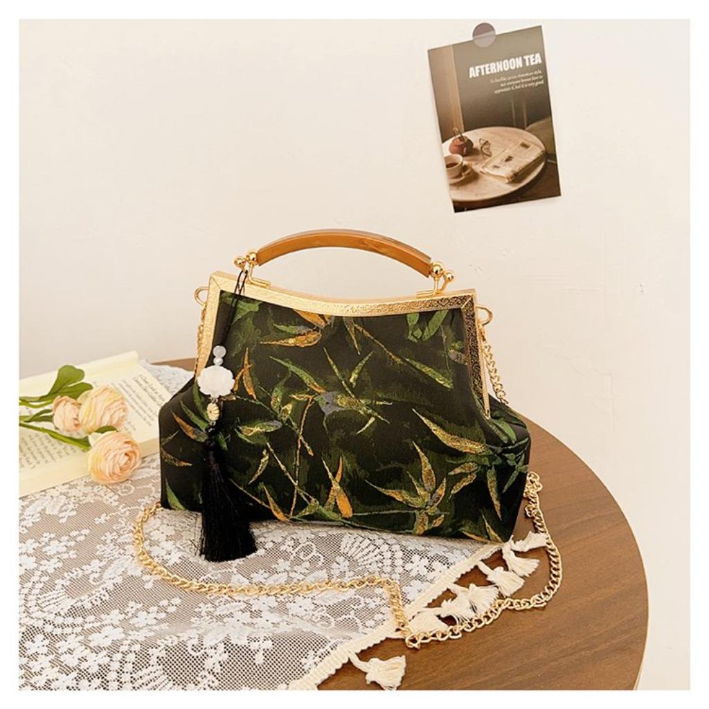 Shoulder Bag Women Cloth Embroidery Floral Chain Strap Daily Commute