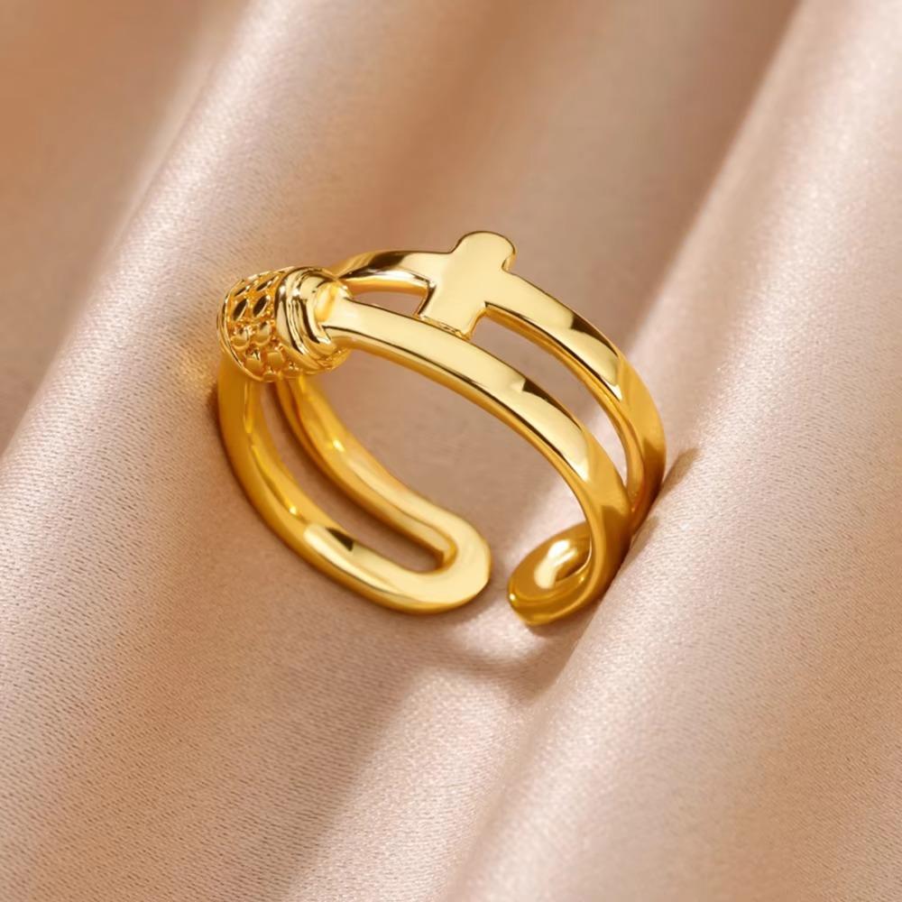 Stainless Steel Cross Rings For Women Vintage Gold Color Opening Cross Finger Ring Party Wedding Jewelry Gift Anillos Mujer