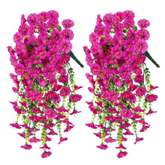 Artificial Flowers for Outdoor, Fake Hanging Morning Glory with Eucalyptus Leaves, UV Resistant Faux Plants Petunias Trailing Vines for Porch, Patio,