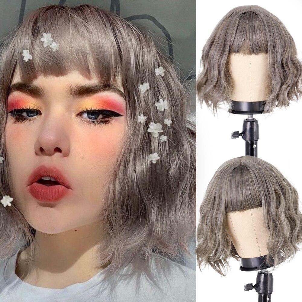 MISS WIG Women Fashion Short Wavy Wig with Bangs Synthetic Fiber Pure White Wavy Wig Cosplay Halloween Party Wear
