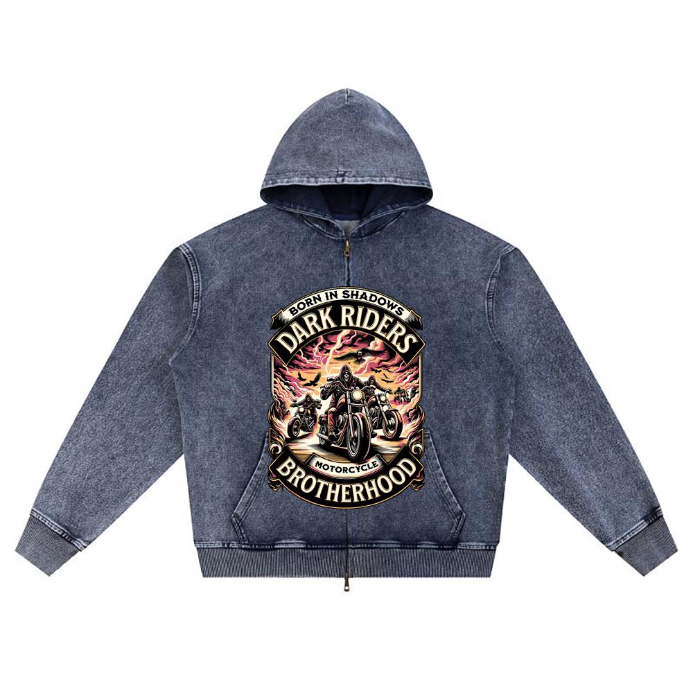 

DTG print Knitted Denim Zip-Up Hoodie streetwear Motorcycle Brother Print Zipper Hoodies XL темно-синий