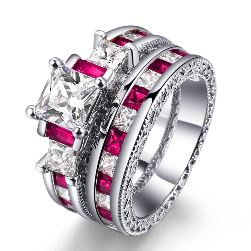 HERFANS New Luxury Fashion CopperColor 2 Pieces Ring Sets Square Green Cubic Zirconia Engagement Rings For Women R607