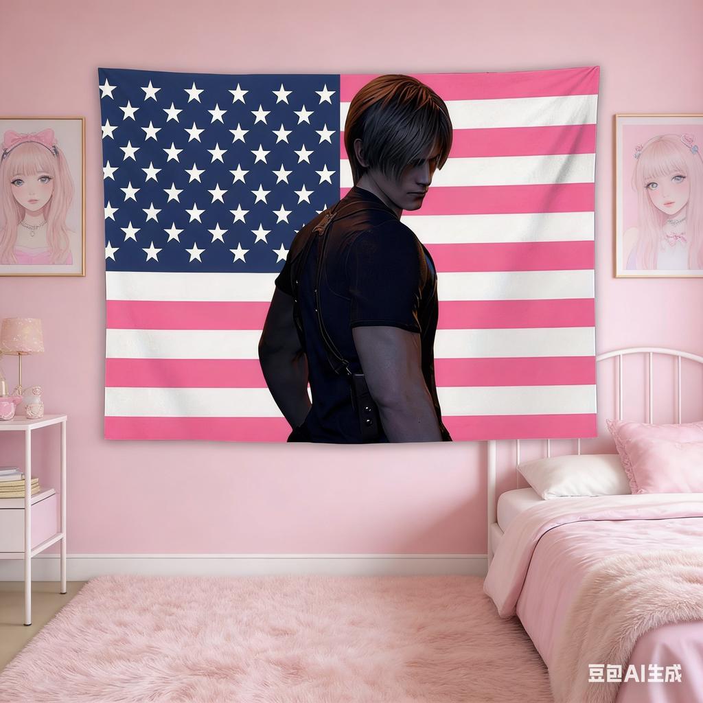Tactical Character Pink Flag Tapestry Viral Game Aesthetic Polyester Wall Hanging for Bedroom Living Room Edgy Game Themed Roo