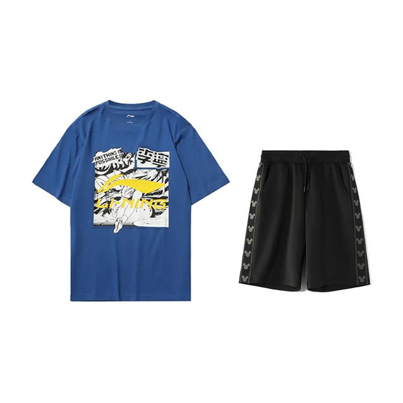 

Футболка с круглым вырезом и коротким рукавом с принтом логотипа Li Ning, удобная, универсальная, приятная к коже, шорты, повседневный спортивный костюм, комплекты унисекс AHSUA01-1+YKSV129-2 M