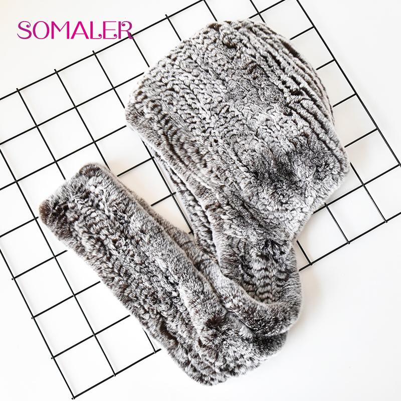 SOMALER Vinter kaninpelshue Skjerf for kvinner Russisk stil strikket pelsbeanies og skjerf