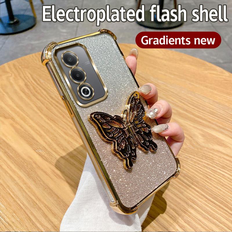 

6D Butterfly Stand Plating Shockproof Phone Case For OPPO A40M A40 A60 A80 A3X A3 Pro 5G Realme 13 Pro Plus Glitter Soft Cover Realme 13 Pro Plus золотий