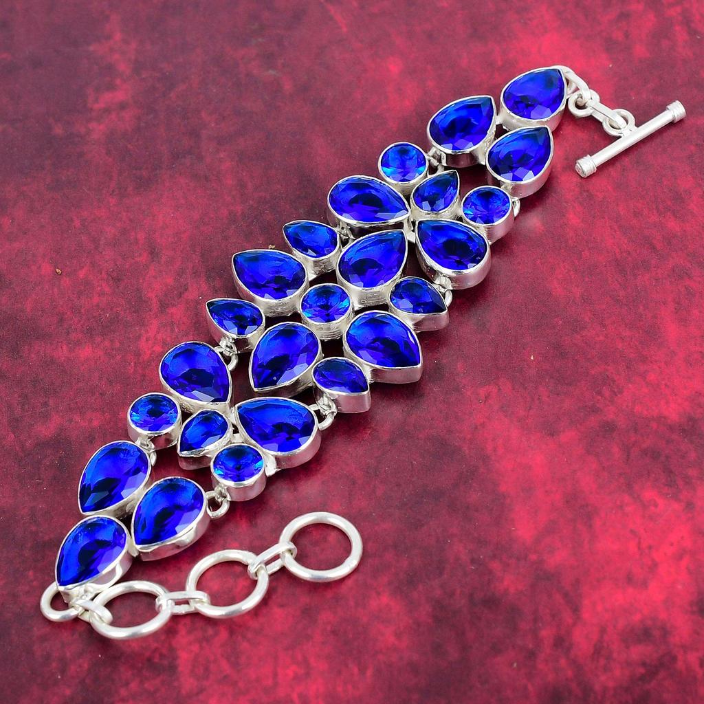 Blue Sapphire Bracelet, Handmade Gemstone Bracelet, 925 Solid Sterling Silver Antique Jewelry, For Engagement Gift