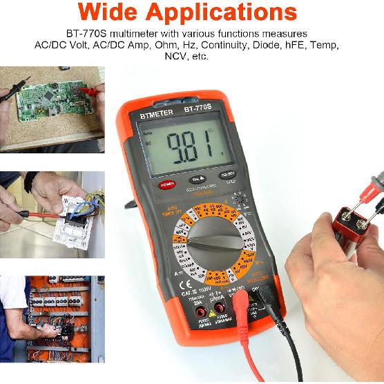 BTMETER BT-770S Manual Ranging Multimeter AC DC Volt Amp Ohm Capacitance Frequency Tester Auto Backlit for Automotive Electrical Home Hobbyist