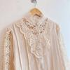 Women Chiffon Button Turtleneck Shirt Chic Elegant Floral Lace Fluffy Long Sleeve Top Fashion Hollow Oversize White Blouse