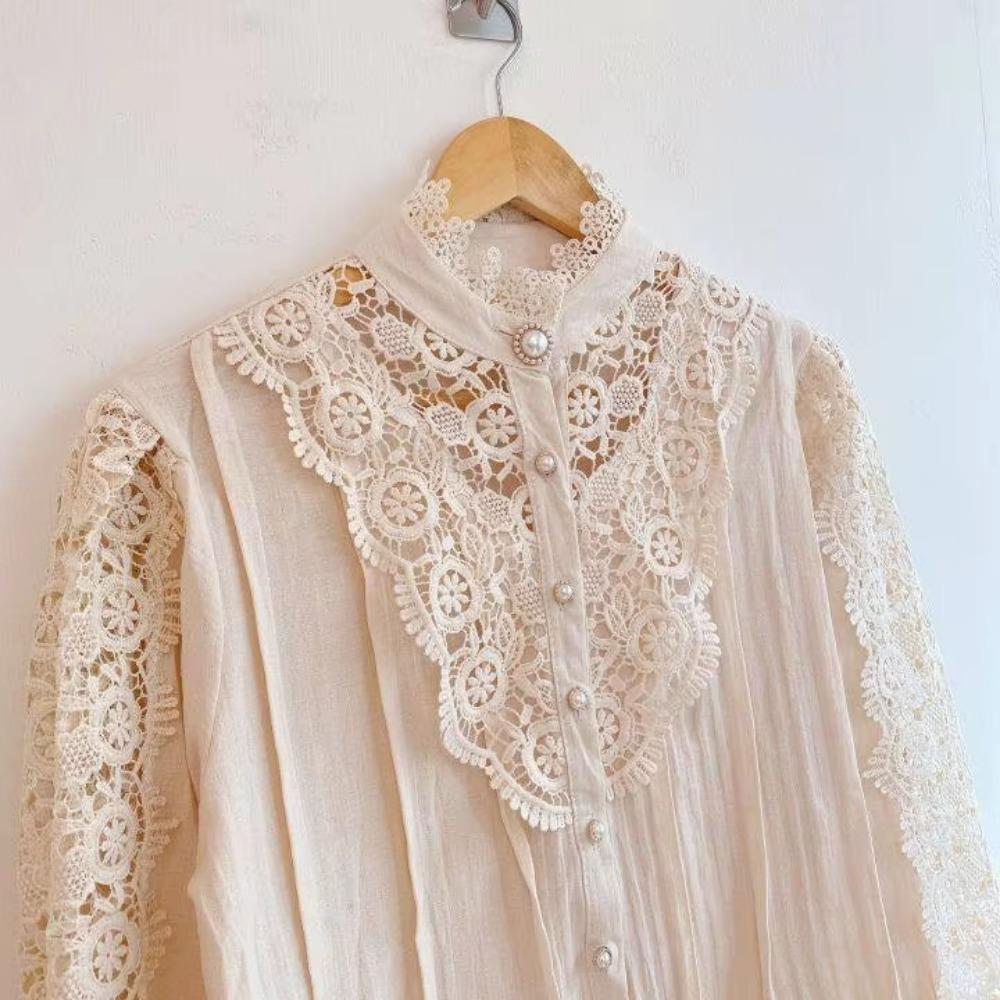 Women Chiffon Button Turtleneck Shirt Chic Elegant Floral Lace Fluffy Long Sleeve Top Fashion Hollow Oversize White Blouse