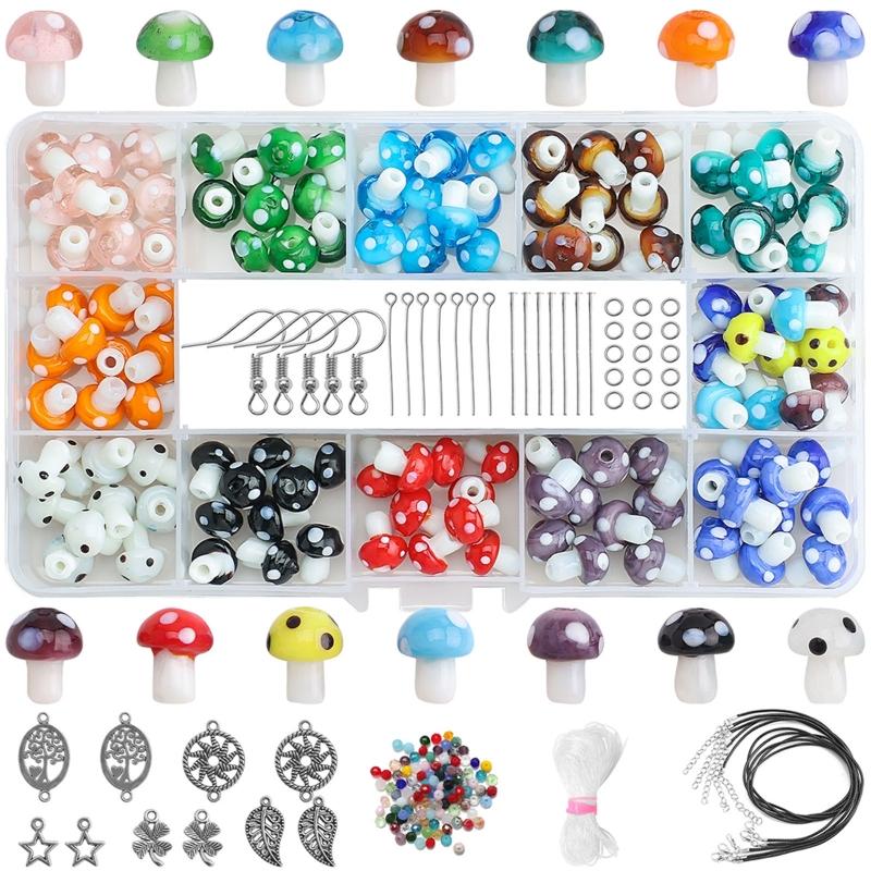120X Mixed Mushroom Charm Bead Spacer Loose Beads with Clear Elastic Thread Pendant Hook for Jewelry Making DIY Supplies