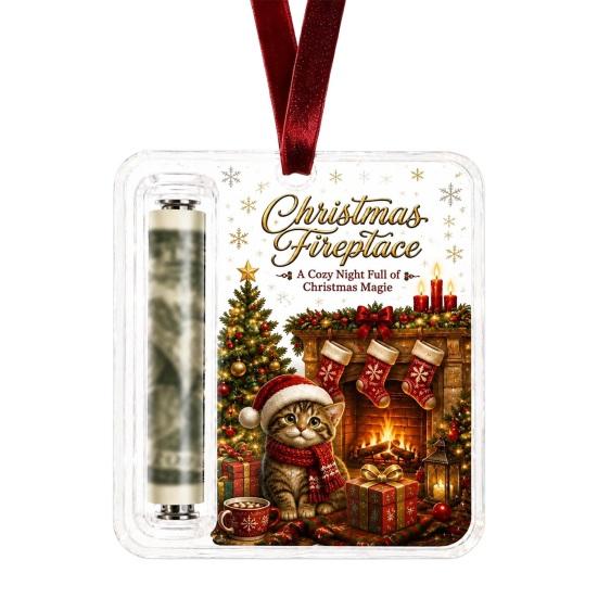 Money Gift Decor Christmas Cash Holder Ornament, Acrylic Angel Santa Cat Transparent for Xmas Tree, Holiday Party Hanging Decoration with Lanyard Easy