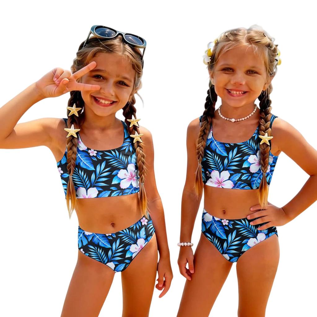 Girls Two Piece Swimsuit Set Hawaiian Print Tankini Top and High Waist Bottom Summer Beach Swimwear for Kids
