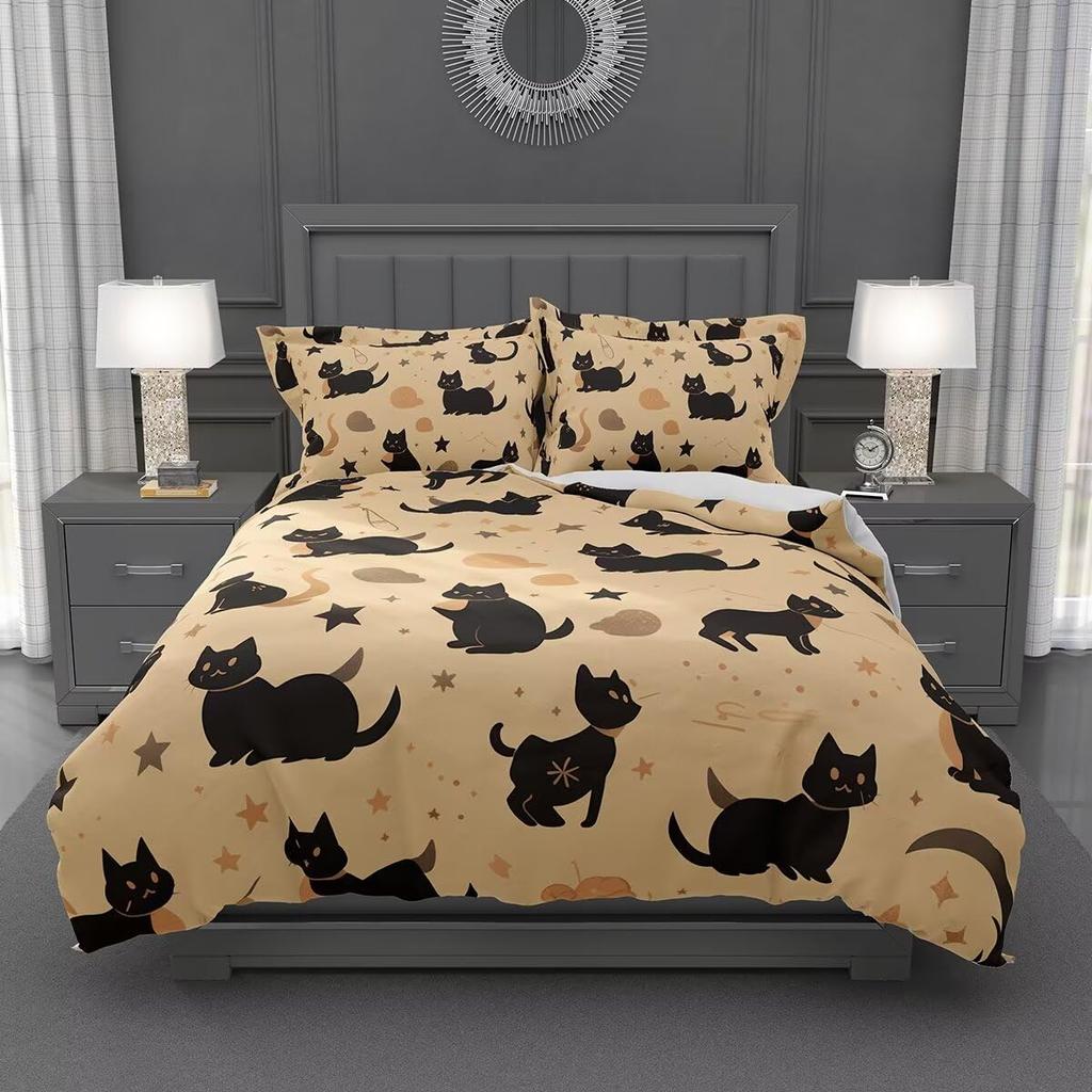 Cartoon Black Cat Duvet Cover Set Queen Size Cute Kawaii Kids Girls Comforter Cover Set Animals Quilt Covers With 2 Pillowcases