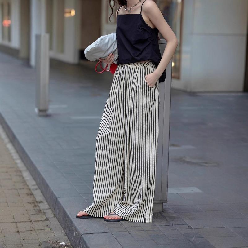 American Style Retro Vertical Stripe Drawstring Wide Leg Pants High Waist Dipping Loose Straight Casual Pants