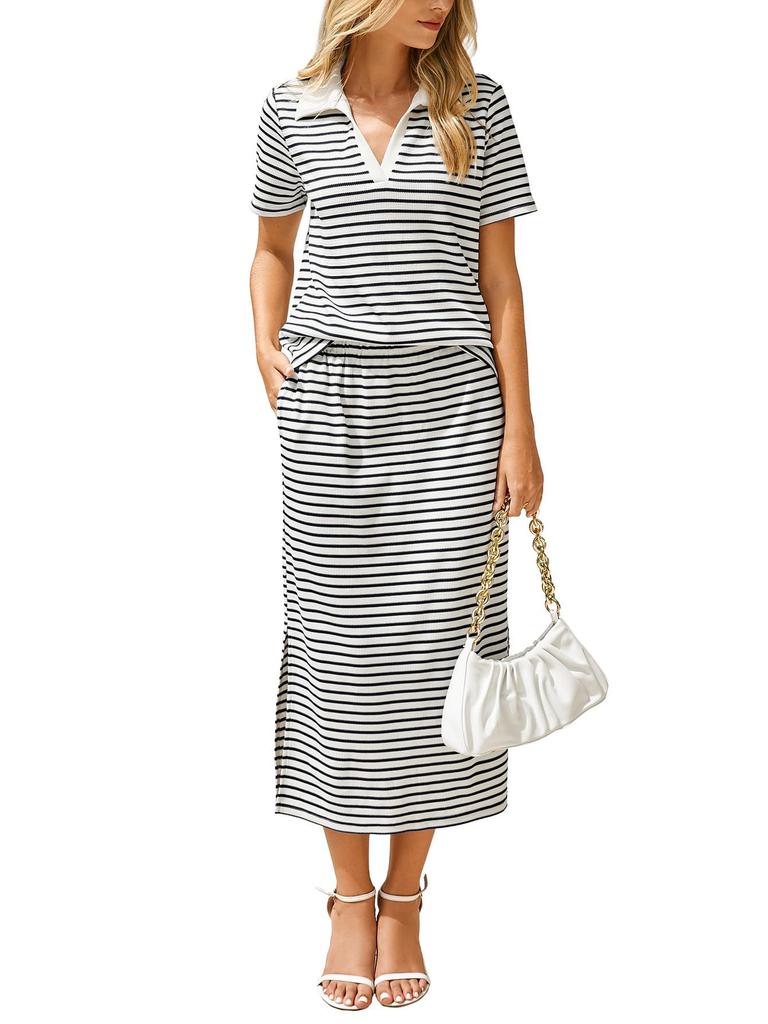 Striped Polo Collar Short Sleeve Top and Midi Skirt Two Piece Set in Multi Colors