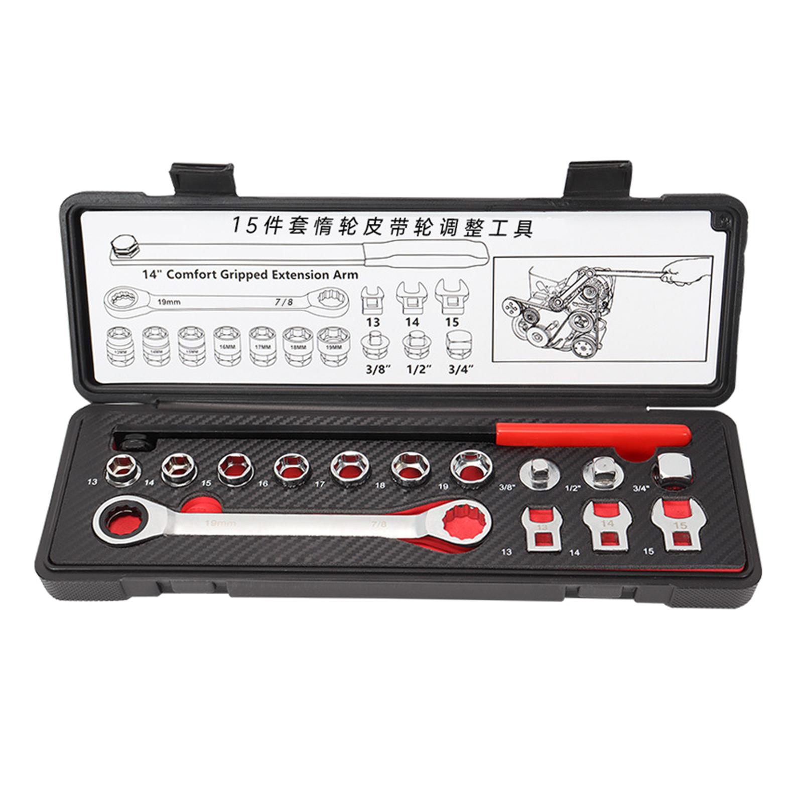 

Набор из 15 штук автомобильных ключей для регулировки натяжного ролика для натяжения ремня, инструмент для ремонта автомобилей с удлинительной штангой