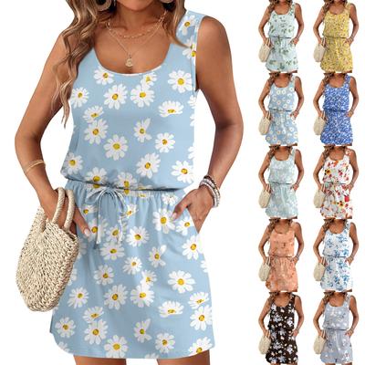 Women's Summer Round Neck Sleeveless Drawstring With Pocket Floral Print Casual Dresses