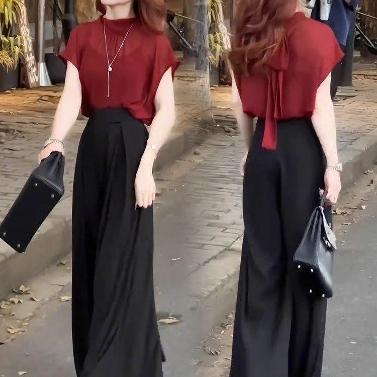 Fashionable Women's Summer Stylish Slimming Chiffon Top Paired with High-waisted Wide-leg Pants - A Beautiful Two-piece Set.