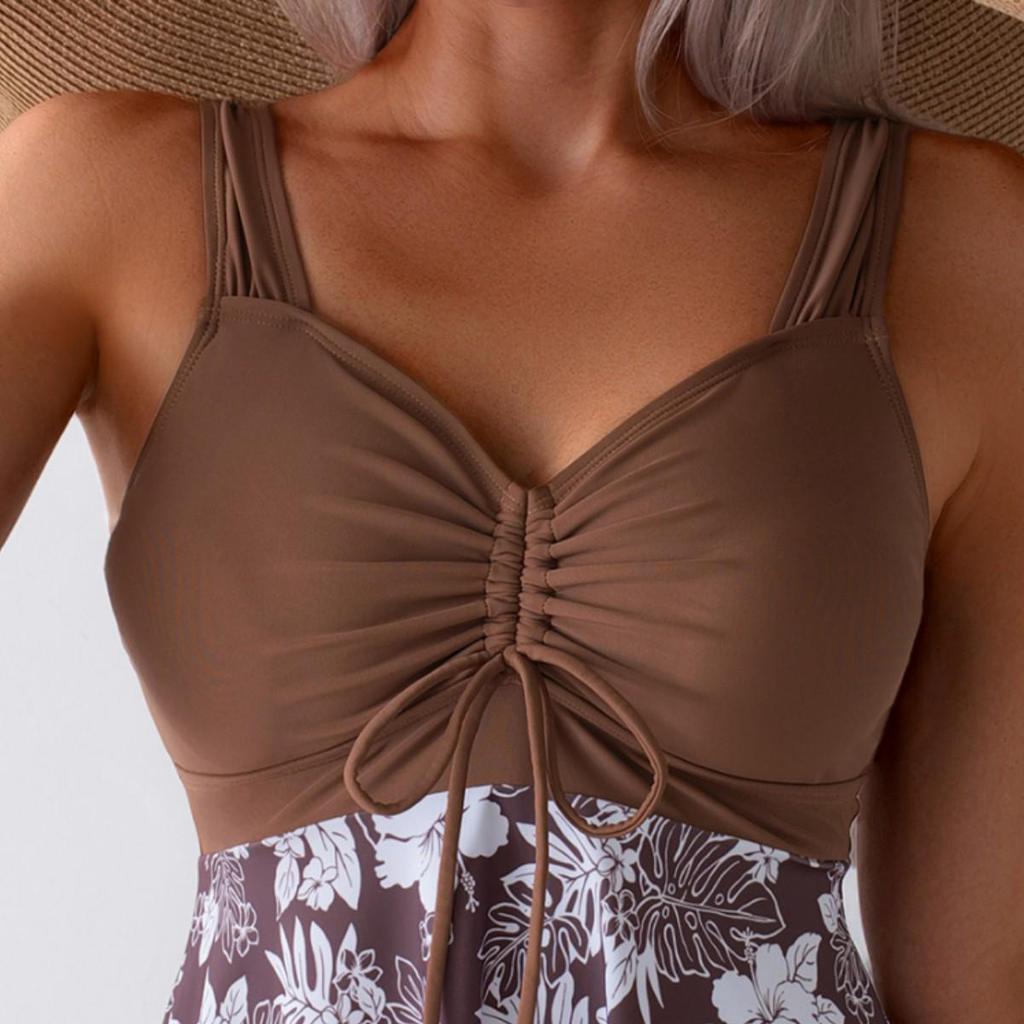 Women's Print Splicing Tummy Control Slimming Tankini Swimsuit with Wide Shoulder Straps