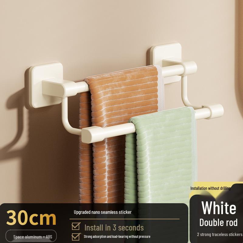 No-Punch Wall-Mounted Bathroom Towel Rack with Single Bar and Storage Shelf