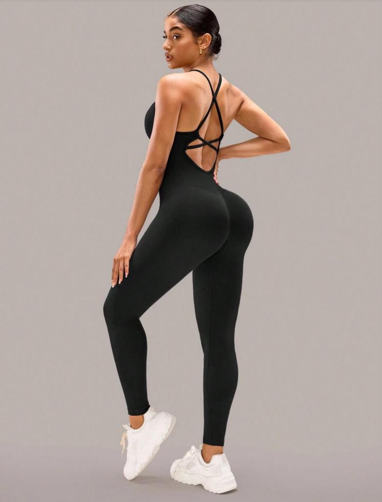 Women's Seamless Cross-Back Jumpsuit with Adjustable Straps for Fitness and Dance
