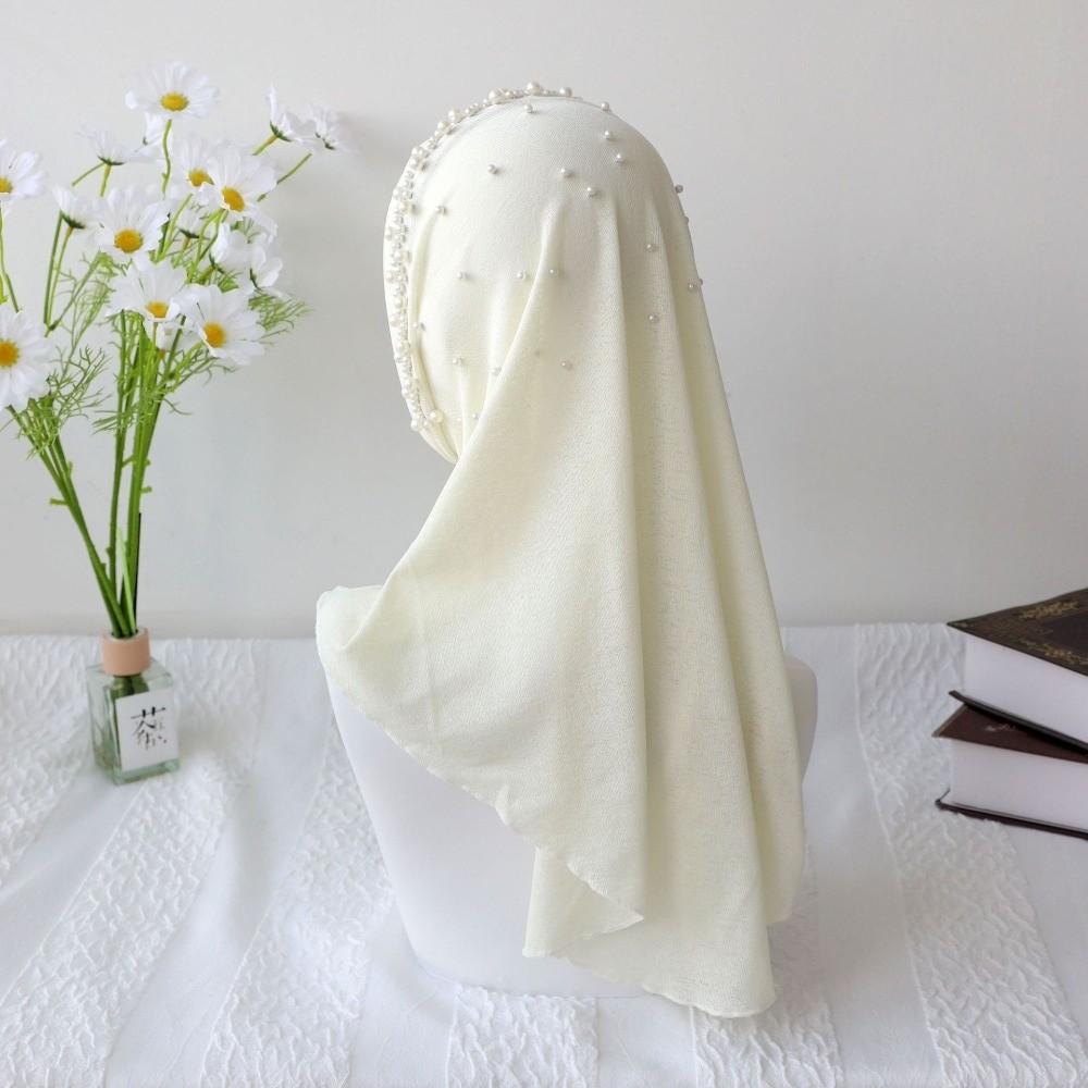 Simple Solid Color Beads Hijab Pull On Style Stretchable Head Wraps Quick Drying Shawls Sun Protection Headscarf Girls