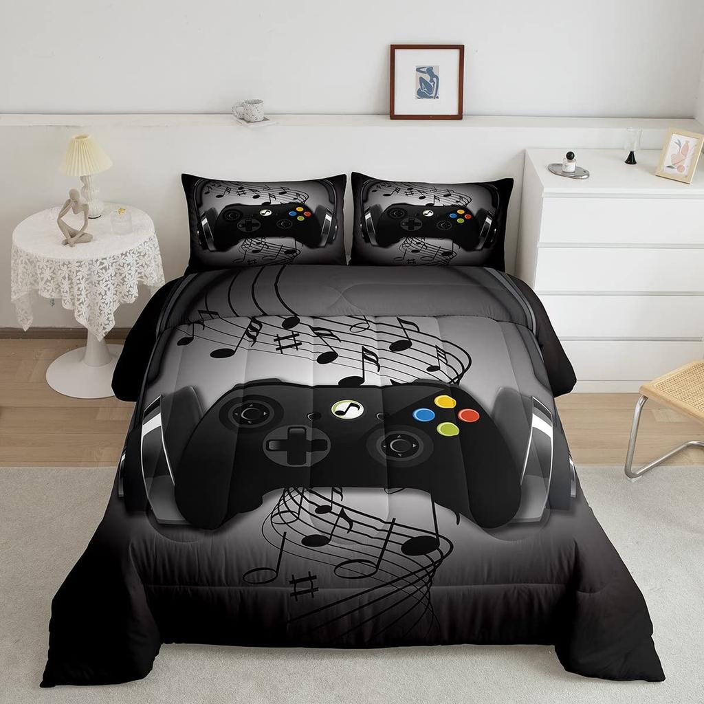 Gamer Duvet Cover Set Rotating Music Comforter Cover Gamepad Gaming Bedding Set For Boys Headphone Bedspreads Cover Queen Size