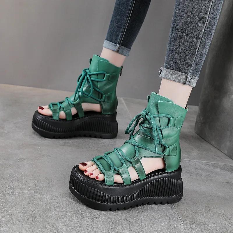 Fashion 8CM Ethnic Cow Genuine Leather Ankle Booties Women Hollow Peep Toe Platform Wedge Breathable Zip Summer Fashion Ladies Shoes