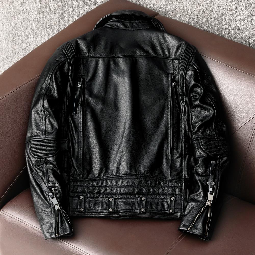 Men Genuine Leather Motorcycle Jacket Heavy Duty Biker Coat with Multiple Zippers