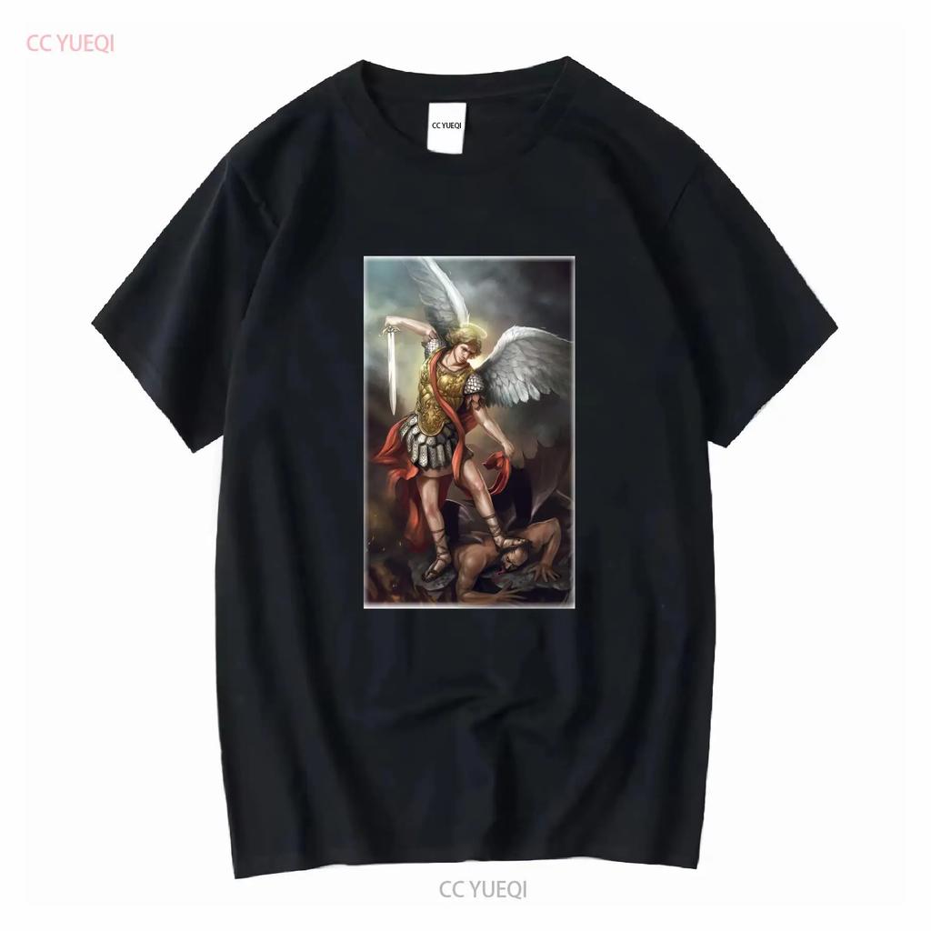 Catholic Natural T Shirt Saint Michael Archangel V11 Vintage Sizes S 5XL Vintage Washed Homme Fashion Soft Breathable