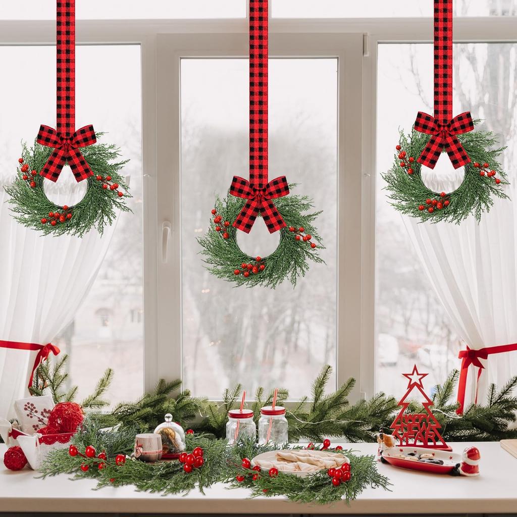 Christmas Kitchen Cabinet Wreaths With Plaid Bow Ribbon Hanging Cabinet Doors Wreaths Decorative For Kitchen Window Outdoor Indoor Holiday Decor