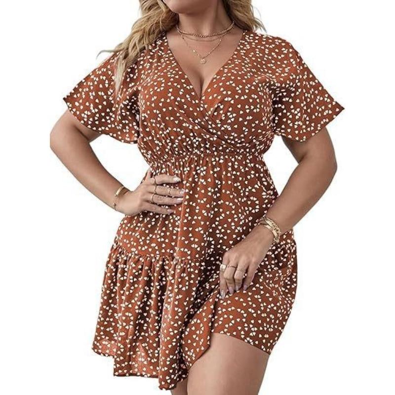 Plus Size V-neck Ruffle Short Sleeve Wrapped Printed Dress for Women Fashion Elegant Party Short Dress Loose Casual Sweet A-line Dresses Holiday