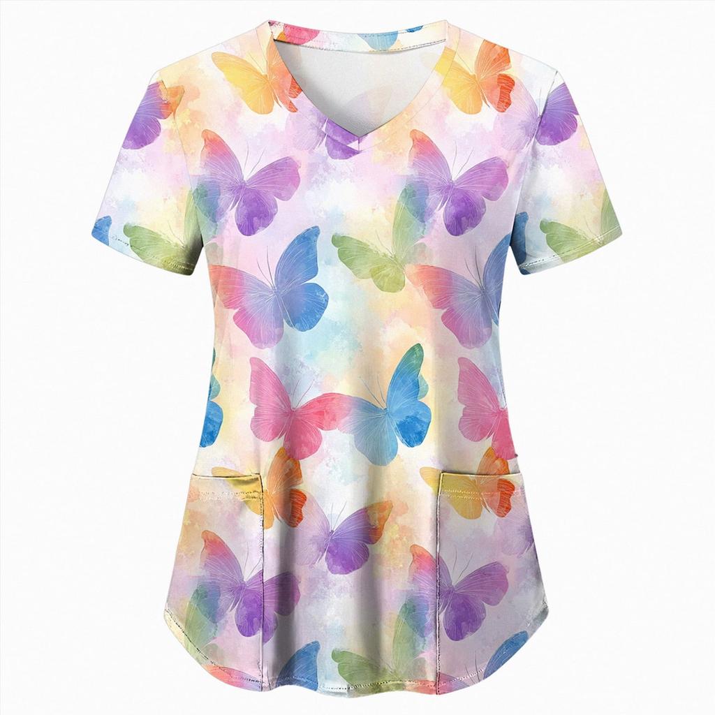 Uniforme Sanitario Enfermera Clínica Enfermería Mariposa Ropa de Trabajo Hospital Camiseta Camiseta Manga Corta Blusa Cuidadora Mujeres Trabajadoras Médico
