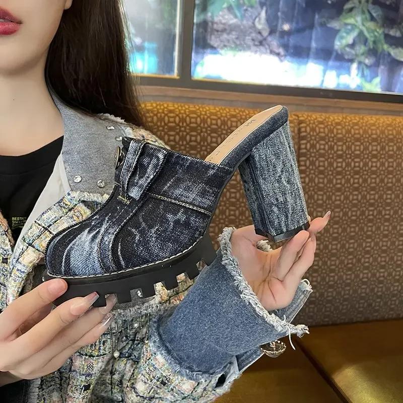 Fashion 2024Women Sexy High Heel Slippers Thick-heeled Denim Ripped Toe Head Slippers Height Increasing Toe Shoes