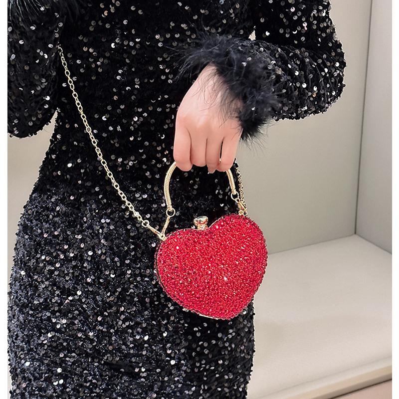Luxury Diamond Heart Shape Clutch Evening Bag Shiny Crystal Handbag Wedding Dress Party Top-Handle Shoulder Bag Rhinestone