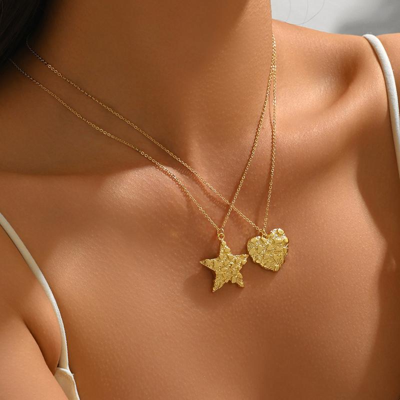 Vintage Wrinkle Star Heart Pendant Necklace for Women Simple Geometric Collarbone Chain Minimalist Casual Versatile Jewelry Gift