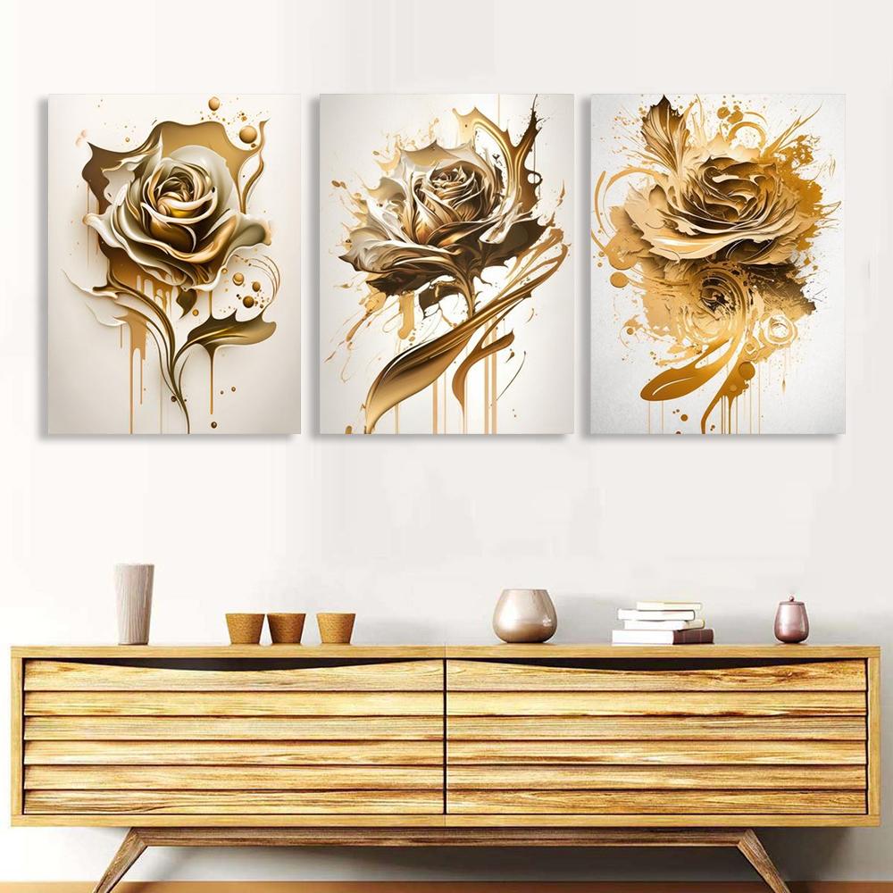 Golden Floral Art Posters, Gold Rose Wall Arts, Abstract Flowers Prints, for Living Room, Office,Wall Decor, No Frame