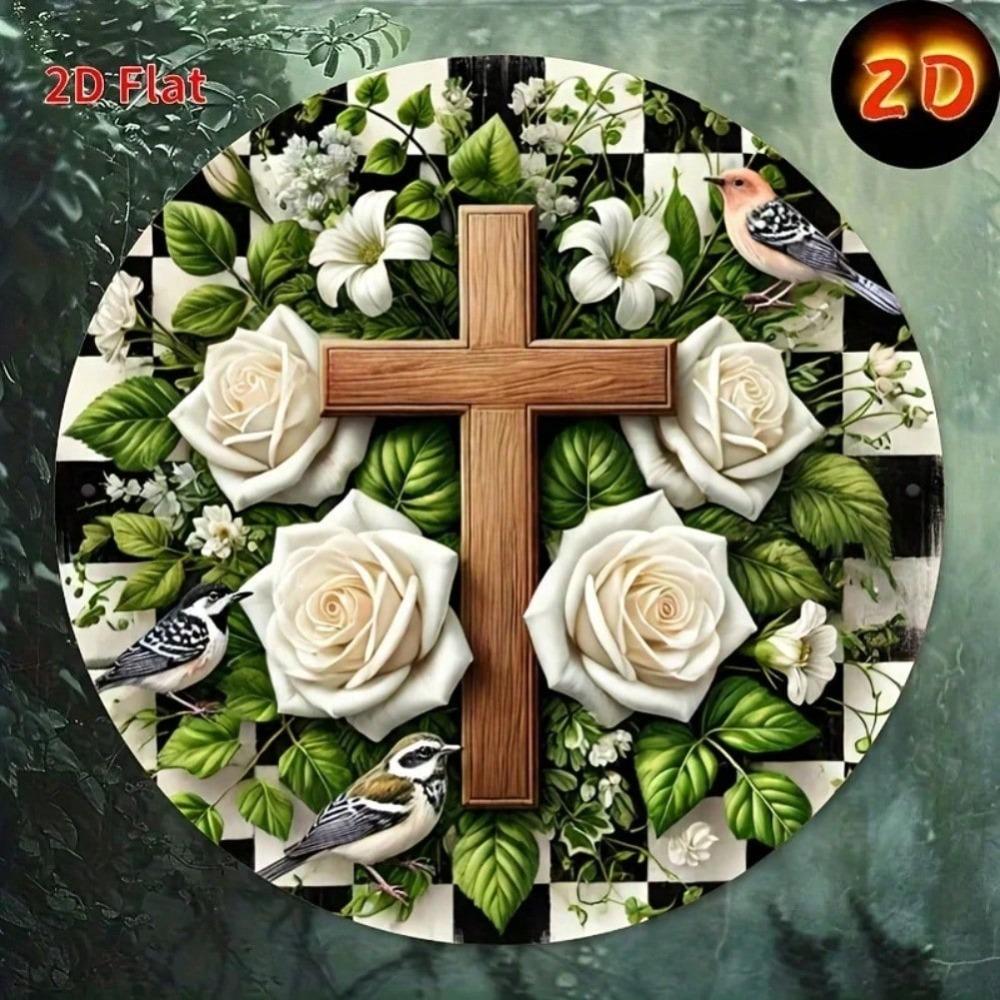 Metal Sign Jesus Saves 8 Inch Round Wall Art White Roses Wood Cross Religious Home Decor