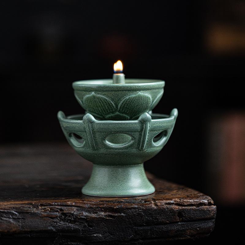 New Chinese ceramic decoration "Retro celadon oil lamp candlestick" for Buddha lamp butter lamp household Buddha front permanent
