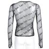 Sexy Women Mesh T-Shirts See-Through Perspective Tshirt Letter Printed O Neck Transparent Long Sleeve T Shirt Tops Women