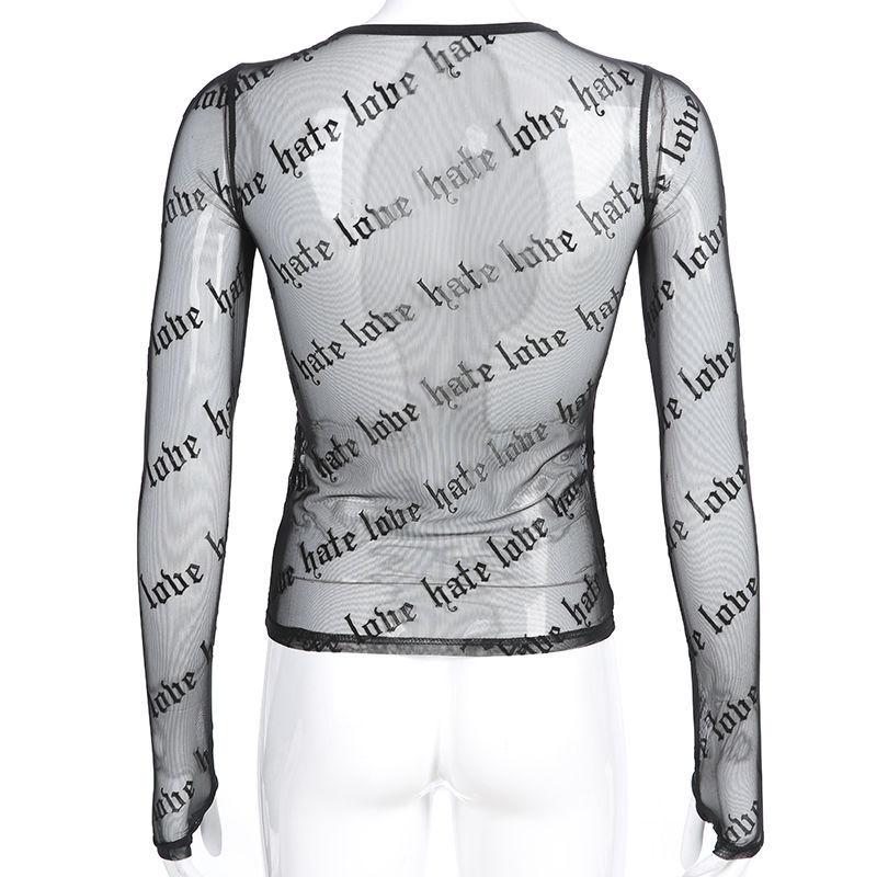 Sexy Women Mesh T-Shirts See-Through Perspective Tshirt Letter Printed O Neck Transparent Long Sleeve T Shirt Tops Women